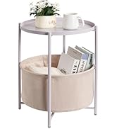 danpinera Round Side Table with Fabric Storage Basket, Metal Side Table Small Bedside Nightstand ...