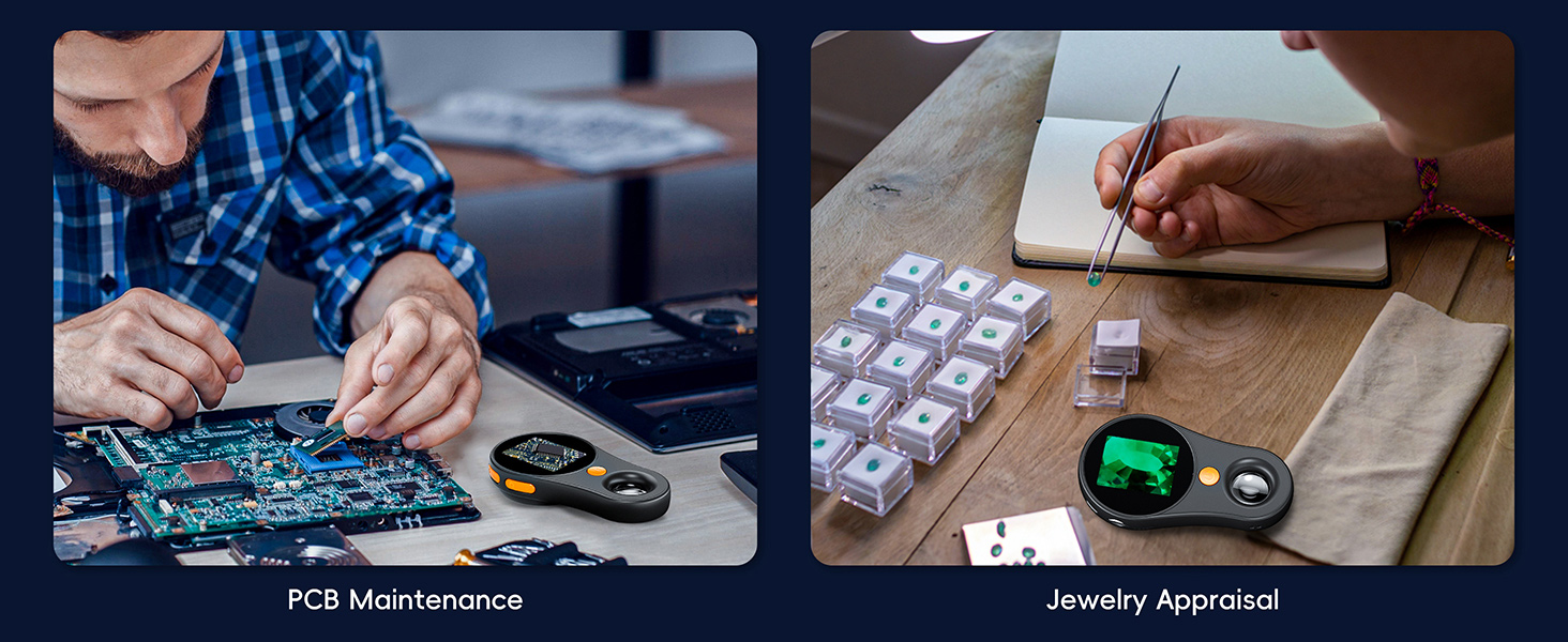 Split image showing PC maintenance with circuit board and tools, and jewelry appraisal with gemstones and magnifying glass on wooden surfaces.