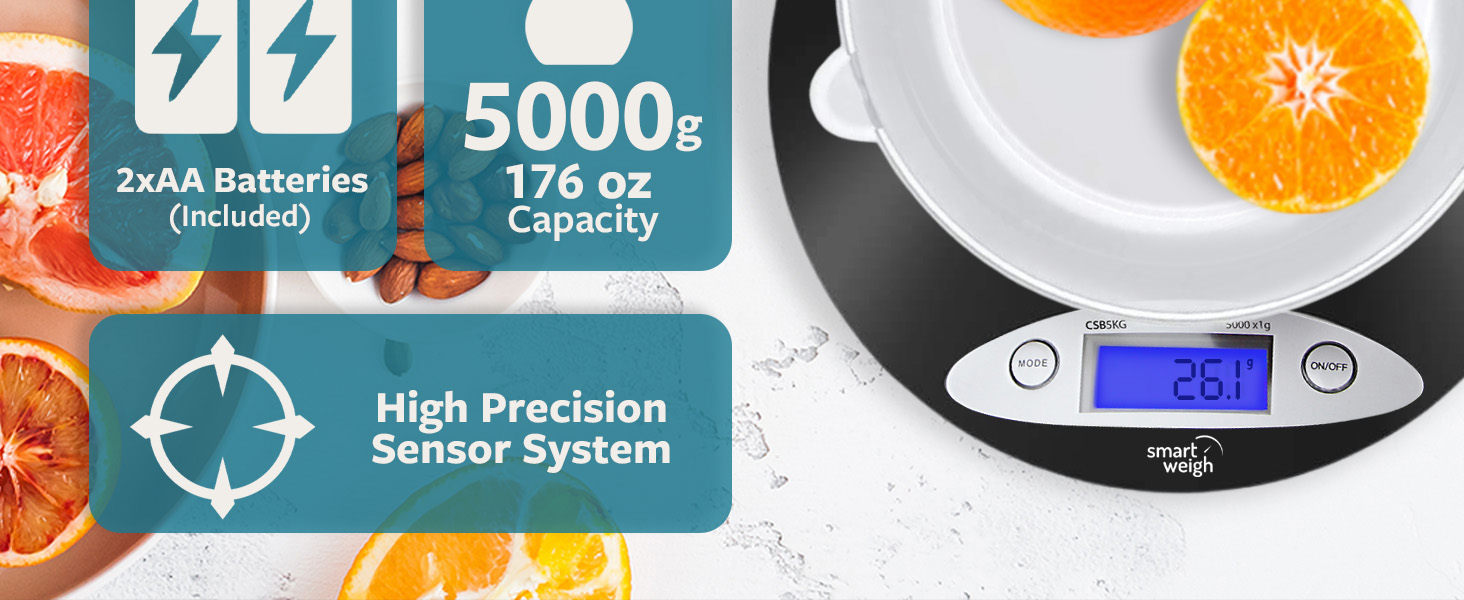 Smart Weigh Digital Kitchen Scale auto shut off on off 2xAA batteries included 5000g 176oz capacity