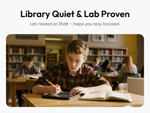 Text reads 'Library Quiet &amp; Lab Proven' and 'Lab-tested at 35dB - helps you stay focused.' Series of interior library scenes showing students studying at desks with books and laptops.
