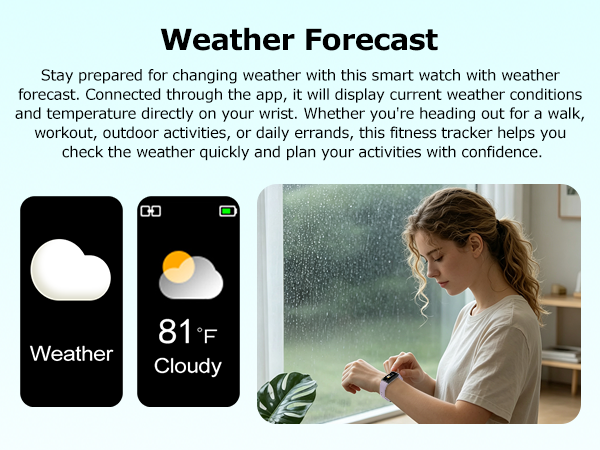Fitness tracker watch with weather forecast display for outdoor activities and daily planning