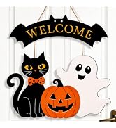 Halloween Welcome Wreath for Front Door Wooden Black Cat Ghost Door Decor | Farmhouse Pumpkin Wre...