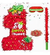 Strawberry Piñata Strawberry 1st Birthday Piñata,Fruit Summer Piñata with Blindfold and Stick Con...