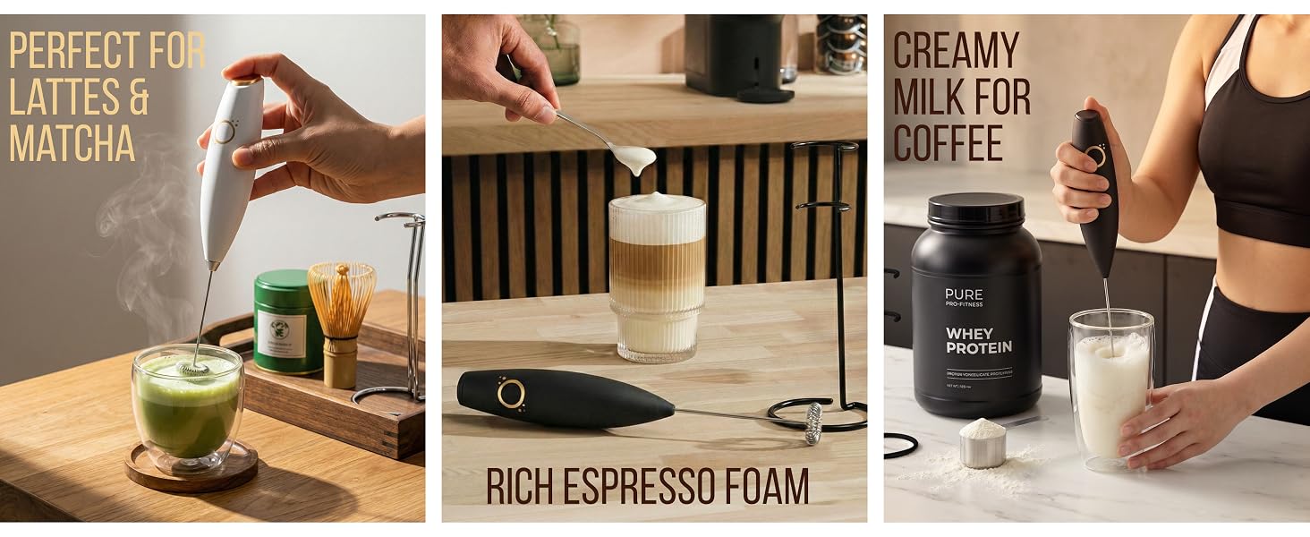 Hand using milk frother to froth matcha and milk in glass cups on a wooden table