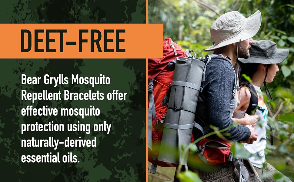 Bear Grylls mosquito repellent bracelet product advertisement highlighting DEET-free natural essential oils protection.