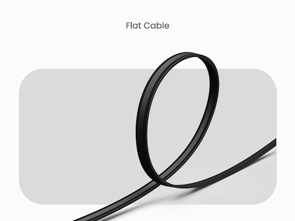 Thin black flat cable or cord shown curved against light gray background, demonstrating its flexible nature and slim profile.