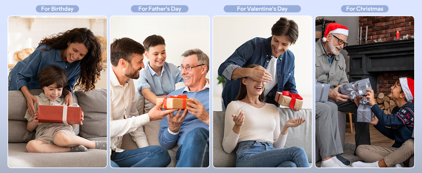 Text reads: 'per grandpa', 'per Father's Day'. Series of connected images showing gift-giving moments between family members in home settings.