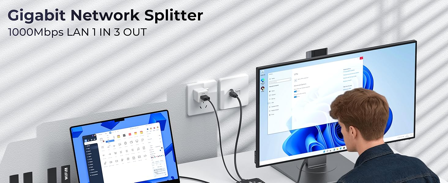Ethernet splitter supports sharing of a single Ethernet line among three computers simultaneously.