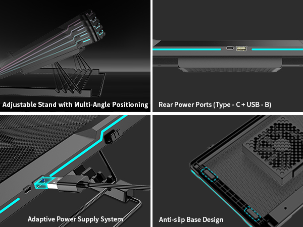 Adjustable stand, rear USB-A/B charging ports, anti-slip base, power reqs