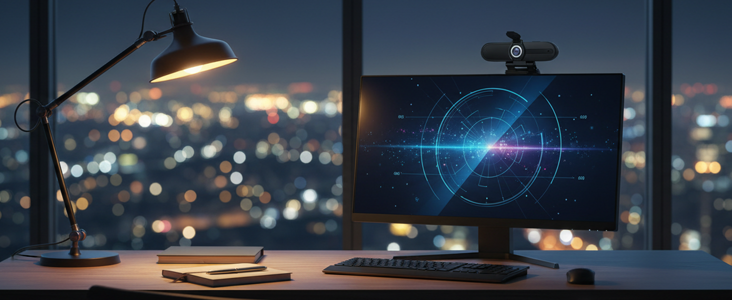 A night office desk with a computer, webcam, and lamp, overlooking a blurred city skyline.