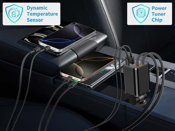 Retractable Car Charger USB C 120W USB C Car Charger 4-IN-1 PD/QC Power Cigarette Lighter Adapter