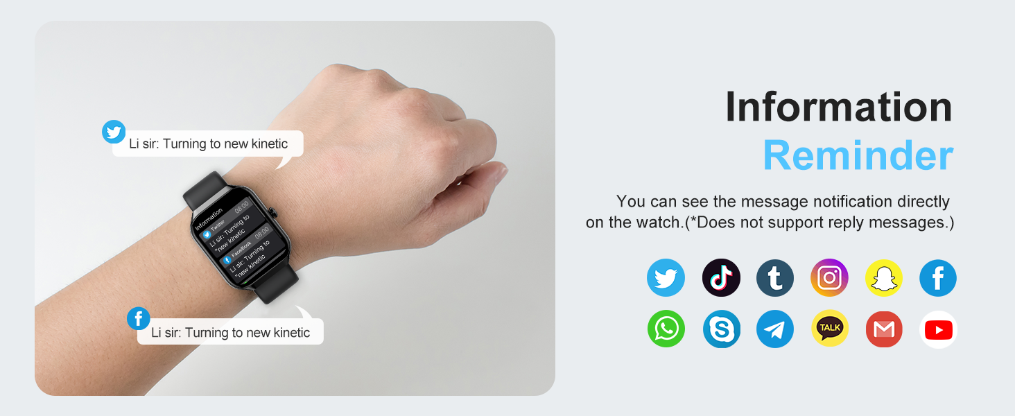 Smartwatch on wrist displaying message notification. Adjacent image shows various social media app icons, highlighting device's connectivity features.
