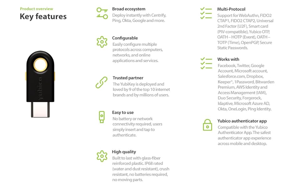 A list of key features including wireless support, durability, and more