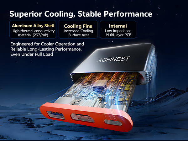 Text reads 'Superior Cooling, Stable Performance', 'Aluminum Alloy Shell', 'Cooling Fins', 'Internal Copper Tube', 'Engineered for Cooler Operation and Reliable Long-Lasting Performance, Even Under Full Load', 'AOPINEST'. Device cooler with blue-black top housing, orange-red base, and visible cooling fins and internal copper components.