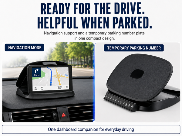 Car phone holder with temporary parking number plate, dash GPS stand and everyday navigation mount
