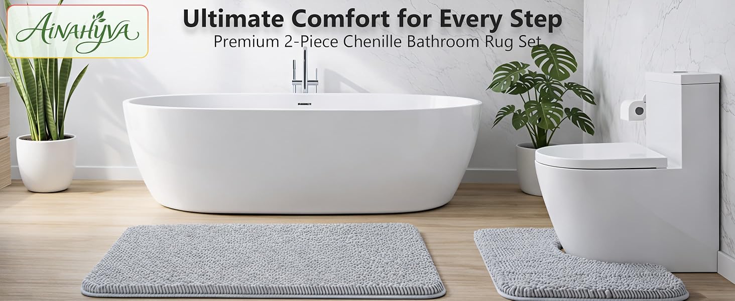 Light grey 2-piece chenille bathroom rug set