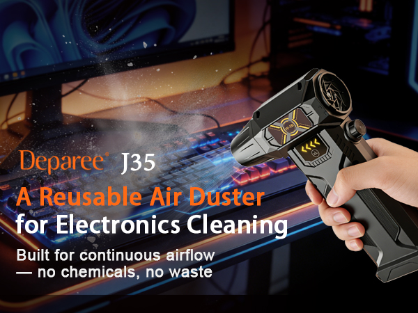 FE-J35 cordless air duster cleaning air conditioner filter, showing dust removal before and after.