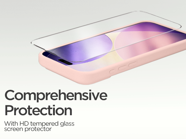 Text reads 'Comprehensive Protection' and 'With HD tempered glass screen protector'. Smartphone screen protector visualization showing protective glass layer over device.