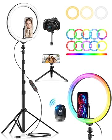 Ring light kit supports phone and camera filming with floor tripod, tabletop stand, and RGB modes