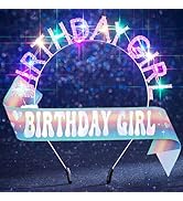 Aceorna Light Up Birthday Girl Crown and Sash LED Rhinestones Headbands Glitter Birthday Accessor...