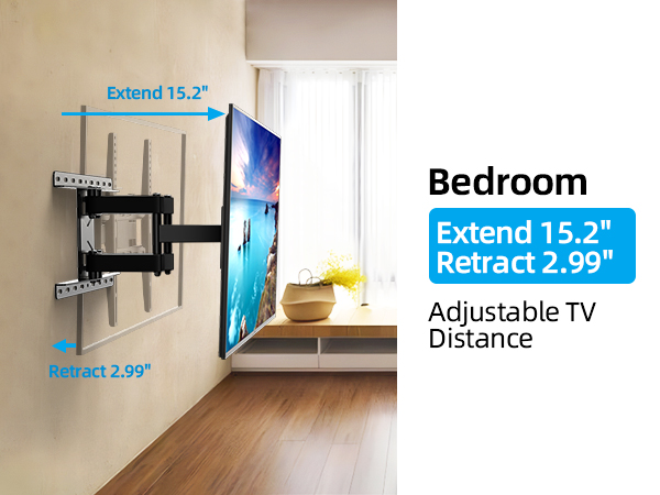 Wall-mounted TV bracket showing extension range of 15.2 inches and retraction of 2.99 inches, with adjustable positioning capability.