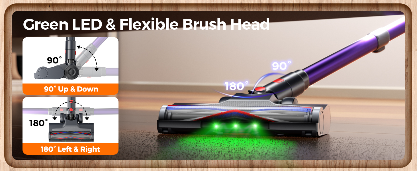 LED headlamp with 180° swivel and 90° flex brush reaches every corner and under furniture