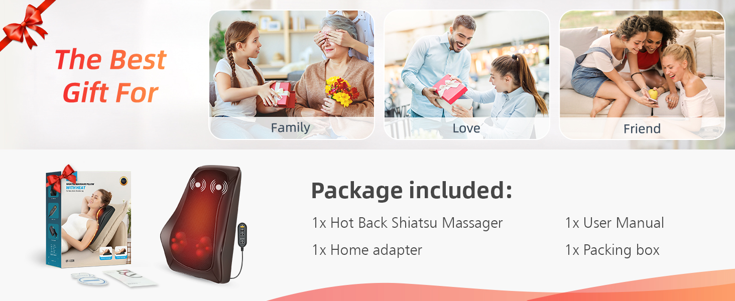 Product package contents display for massage device, showing family usage scenarios and included items: massager unit, power adapter, manual, and box.