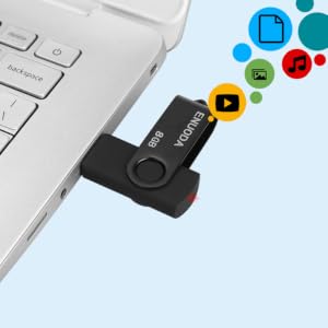 Black USB flash drive inserted into laptop port, with colorful circular icons floating above showing media file types including document, music, and video symbols.