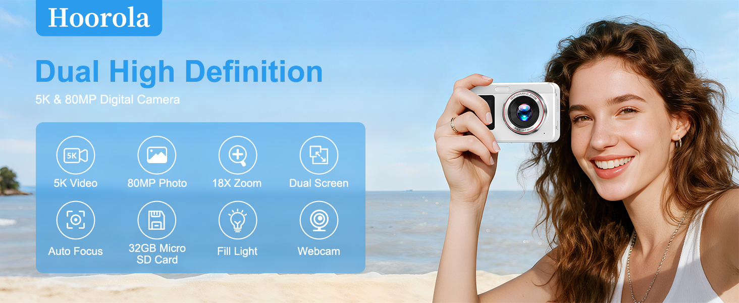 All-in-one camera for pro results. Features 5K video, 80MP photos, 18X zoom, and dual screens.