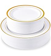 100 Piece Plastic Party Plates,Disposable Plastic Plates with Gold Rim, Include 10.25'' Disposabl...
