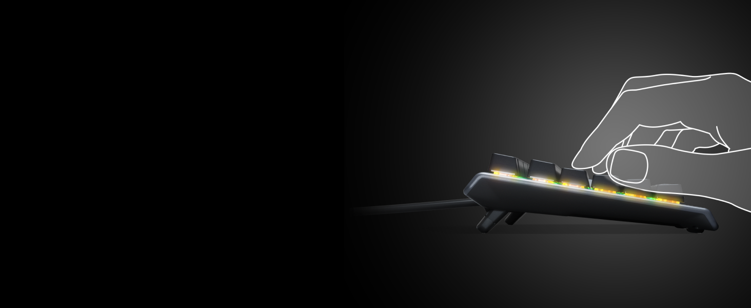 A side profile of a graphic hand typing on Apex 3 TKL