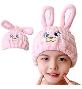 LCBD Microfiber Hair Towel Wrap for Kids, Pink Rabbit Dry Hair Cap Set with Hair Scrunchies, Abso...