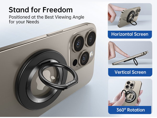 Phone stand accessory with 360-degree rotation capability, showing horizontal and vertical mounting positions for mobile devices.