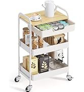 TOOLF 3-Tier Metal Utility Rolling Cart with Drawer and Wooden Table Top, Storage Cart White Trol...