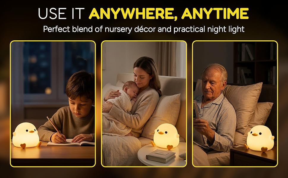 Duck night light used for studying, baby care, and bedside reading.