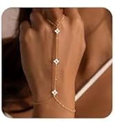 Gold Hand Chain Bracelets for Women Trendy,Dainty Clover Pearl Charm Ring Bracelet Hand Chain 14K...