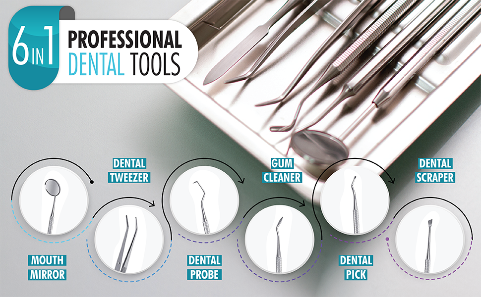 6-in-1 stainless steel dental tools including scraper, pick, mirror for oral hygiene