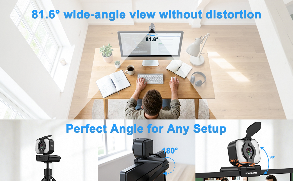 81.6 degree wide angle webcam, 360 rotation pc camera, tripod mount, flexible clip for monitor