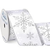 Ribbli Silver Snowflake Wired Ribbon,White Satin with Big Glitter Snowflake Christmas Ribbon for ...