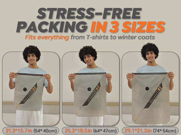 Text reads 'STRESS-FREE PACKING IN 3 SIZES' and 'Fits everything from T-shirts to winter coats'. Demonstration of three different packing cube sizes with measurements.
