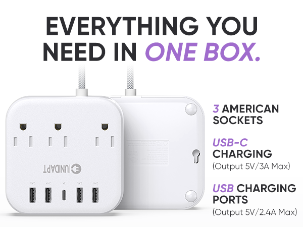 3 american sockets, usb-c charging, usp charging ports - output 5v/2.4A Max