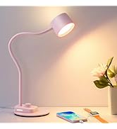 Cute Desk Lamp with USB C + A Charging Port, 5 Colors Dimmable Reading Lamps, Minimalist Pink Lam...
