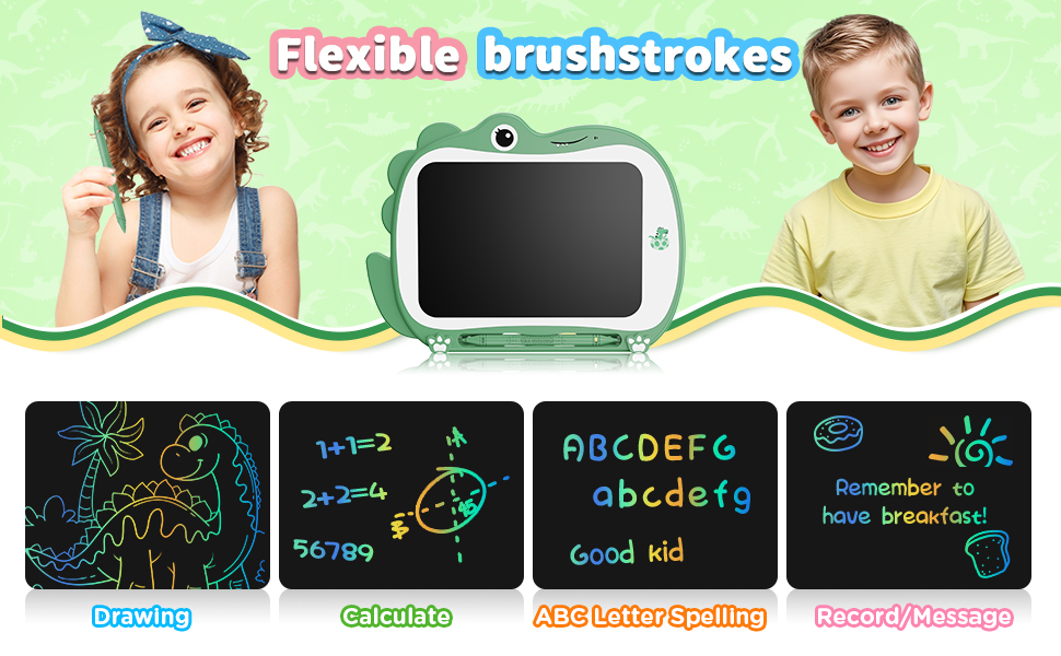 Children's drawing tablet with flexible brush strokes feature. Multiple screens show various drawing modes and alphabet practice.