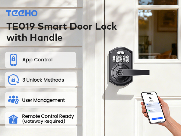 Smart keyless entry door lock with handle controlled via KK HOME app