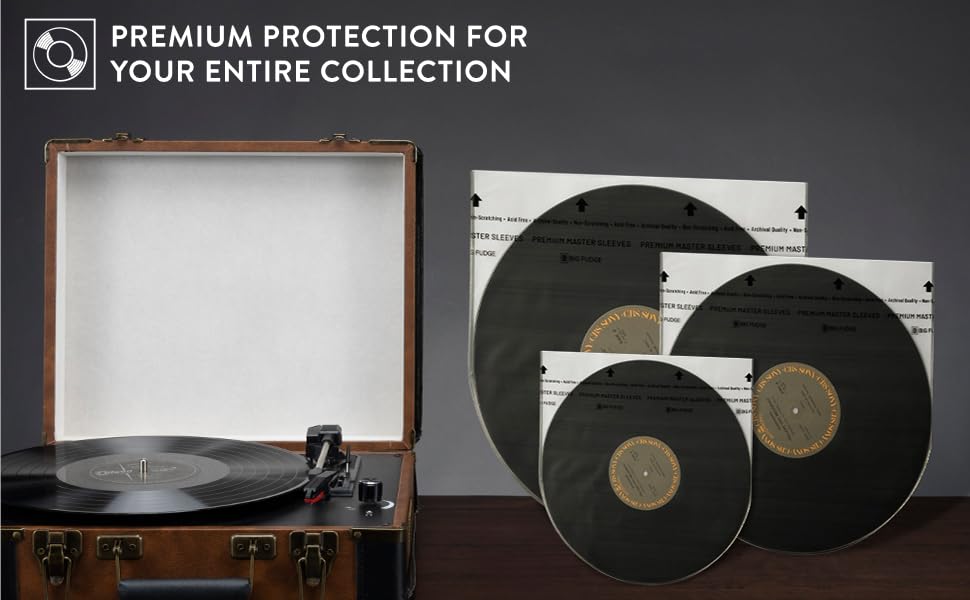 Text reads: 'PREMIUM PROTECTION FOR YOUR ENTIRE COLLECTION'. Display of protective cases for vinyl records shown in open and closed positions.