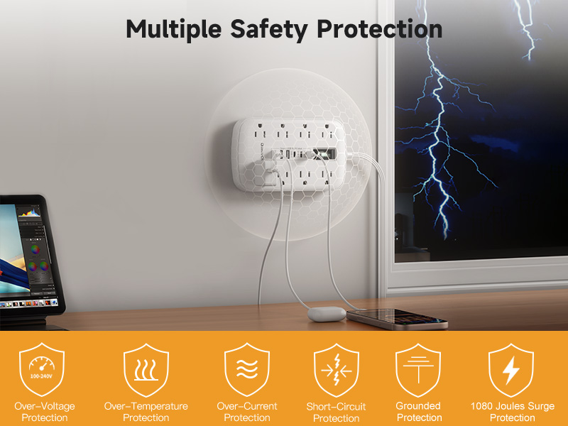 Multiple Safety Protection - Flat Plug Surge Protector with USB Ports