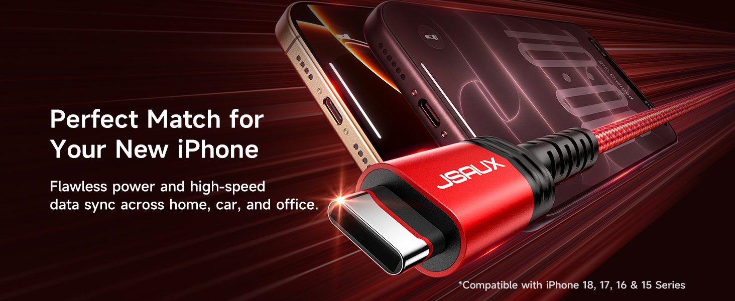 JSAUX USB C Cable: Fast charging &amp;amp; high-speed data sync for iPhone 18, 17, 16, and 15 series.