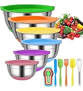 Menbyci 6 Pcs Mixing Bowls with Lids,Stainless Steel Mixing Bowls,Colorful Non-Slip Bottoms,Inclu...