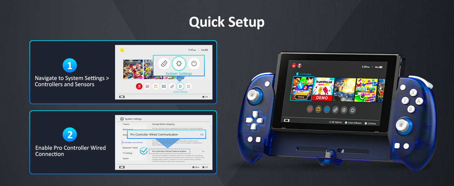 First use: Enable 'Pro Controller Wired Connection' in Switch settings.