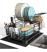BOOSINY 2 Tier Black Large Stainless Steel Dish Drainers Drying Rack for Kitchen Counter with Dra...